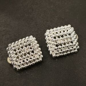 Vintage Signed F.O. Inc. 1980s Silver-Tone Beaded Square Clip-On Earrings